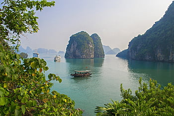 oceaan, baai, Vietnam, klif, kalksteen, zee, reizen, water, schip, boot, landschap