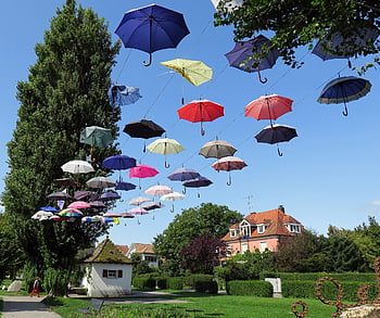 umbrellas, artwork, screens, multicoloured, colorful, stretched, decoration, coloured, art