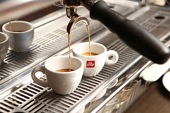 espresso, pouring, ceramic cups, coffee machine, close-up, illy, teacups, machine, espresso machine, coffee, cups
