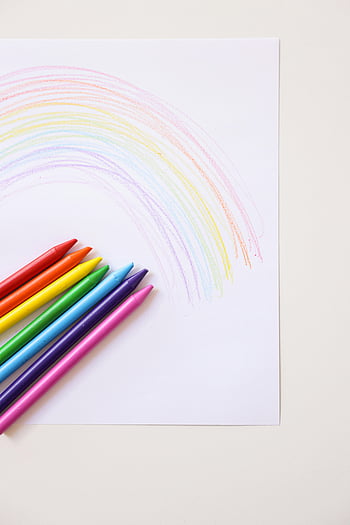 pastelky, kresba duhy, kancelářský papír, Barevné pastelky, bílé pozadí, živá duha, umělecké pomůcky, dětská kresba, kreativní umění, Nástroje na kreslení, papírové umění
