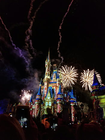 Disneyland, fireworks, illuminated castle, night celebration, magical display, Disney World, Cinderella Castle, theme park, night scene, festive event, Disney magic