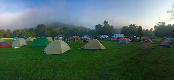 tents, green grass field, mountain, camping site, multiple tents, people, outdoors, Windyville, Missouri, lively, camping