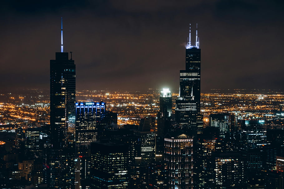 láthatár, willis-torony, éjszaka, légi felvétel, városi fények, magas épületek, belvárosi chicago, városi Tájkép, éjszakai fotózás, felhőkarcoló, városkép