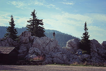 man standing on cliff, lone hiker, rocky mountain, evergreen trees, scenic landscape, outdoor adventure, nature photography, mountain top, hiker on cliff, scenic view, mountain scenery