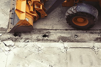 Yellow Payloader, excavator, road construction, industrial process, close-up, construction equipment, heavy machinery, road work, construction site, machinery, construction tools