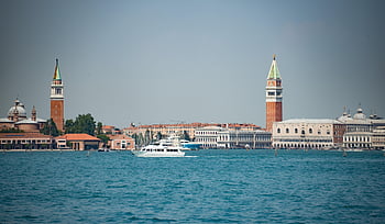 Velence, Olaszország, Szent Márk tér, különálló harangtorony, természet, san marco, san giorgio, víz, csatorna, hajó, kék hajó