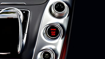 Interiér automobilů Mercedes, Tlačítko Start-Stop, kontrolní panel, moderní auto, Zastavení motoru, šedý ovládací panel, Interiérové ​​funkce automobilu, Interiér luxusního automobilu, Tlačítka pro ovládání automobilu, palubní desku, Design interiéru auta