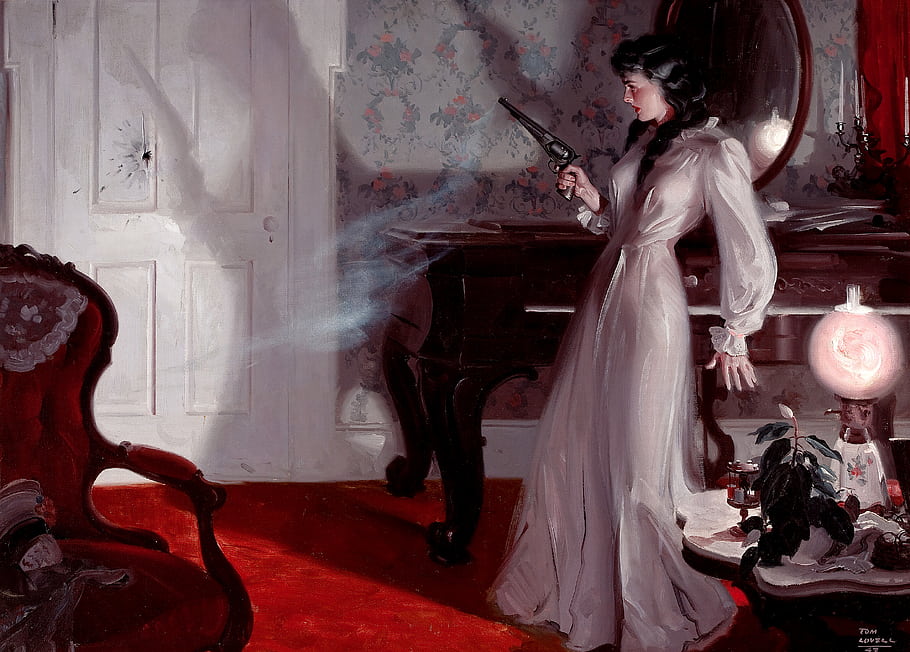Tom Lovell, Shot in the Dark, 1943, Oil on canvas, illustration, vintage illustration, magazine illustration, woman with gun, interior scene, dramatic lighting, red carpet