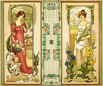 vintage, ilustrasi, kalender, 1904, perempuan, bunga-bunga, Art Nouveau, gaun, taman, pemandangan, bunga