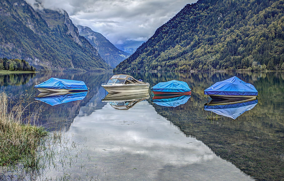 Klöntalersee, boat, landscape, water reflection, high dynamic range, mountains, serene, nature, free use, creative commons