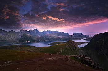 mountains, sunset, clouds, estuary, dusk, twilight, afterglow, skyscape, sky, water, fjords