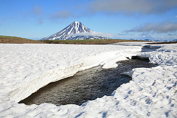 primavera, calorosamente, montagne, Sneznik, fusione, ruscello, altopiano, natura, Kamchatka, viaggio, vulcano
