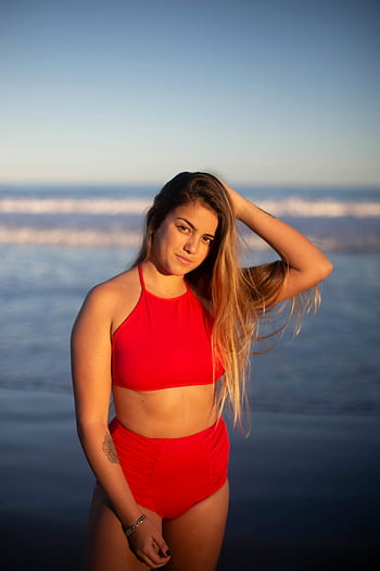 woman in red bikini, beach sunset, portrait, standing on shore, red bikini, beach, sunset, woman enjoying beach, beachwear, seaside, ocean view