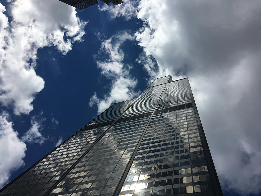 low angle photography, skyscraper, Chicago, blue sky, clouds, dramatic view, building, architecture, urban landscape, cityscape, reflection