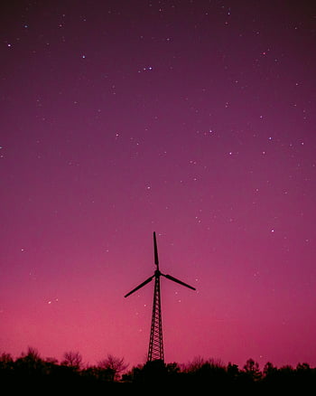 wind turbine, starry sky, purple sky, renewable energy, windmill silhouette, night sky, stars, eco-friendly, sustainable energy, wind power, wind generator