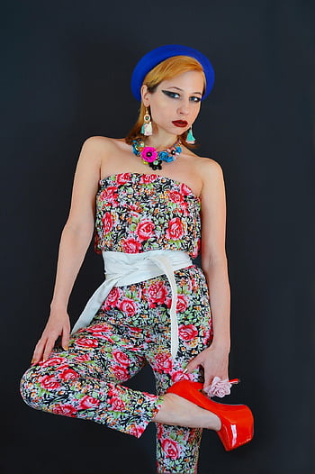 fashion, jumpsuit, woman, accessories, girl, model, floral Fabric, hat, blue Hat, style, high Heel