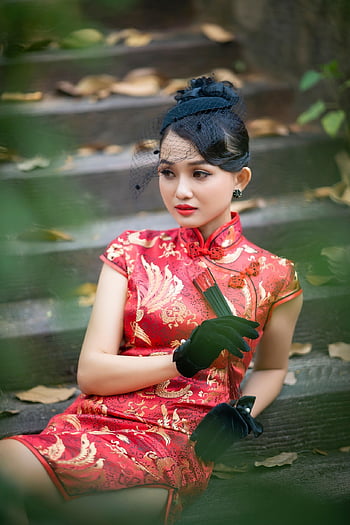 Cheongsam, 유행, 여자, 베트남 사람, 빨간 치파오, 전통적인, 손 부채, 장갑, 머리 장식, 스타일, 드레스