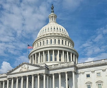 US Capitol, Washington DC, Capitol dome, American flag, blue sky, landmark, government building, historic site, architecture, tourism, travel