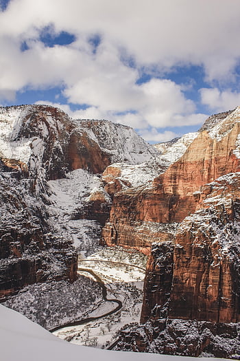 Sion, la neve, canyon, strada, tortuoso, Utah, natura, roccia rossa, scogliere, nuvole, superiore