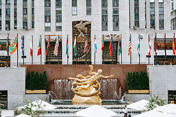patung prometheus, Manhattan, pusat rockefeller, kota New York, patung ikonik, bendera, air mancur, tengara kota, seni publik, Cityscape, tujuan perjalanan