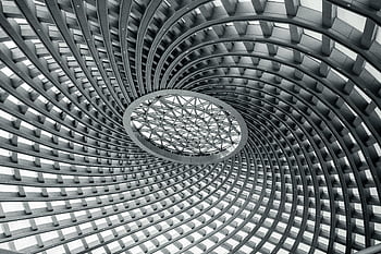 Černý a bílý, spirála, moderní geometrický strop, složité vzory, design, architektonická fotografie, černobílý, abstraktní umění, stropní konstrukce, geometrické vzory, design spirály