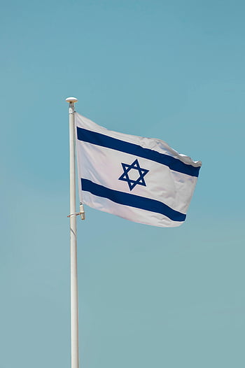 Israeli flag, white pole, blue sky, Jerusalem, Israel, waving flag, clear sky, national flag, star of David, flagpole, outdoor scene
