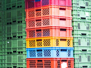 plastic crates, colorful crates, stacked crates, red crates, green crates, blue crates, yellow crates, orange crates, storage crates, Harry crates, lattice design
