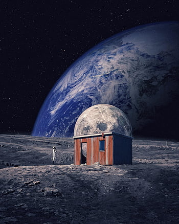 moon, space, fantasy, building, astronaut, planet, earth, outer Space, photomanipulation, digital Art, surreal