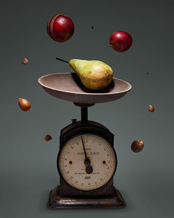 yellow fruit, red fruit, brown weighing scale, white weighing scale, floating fruit, healthy eating, vintage scale, balance, nuts, pear, apples
