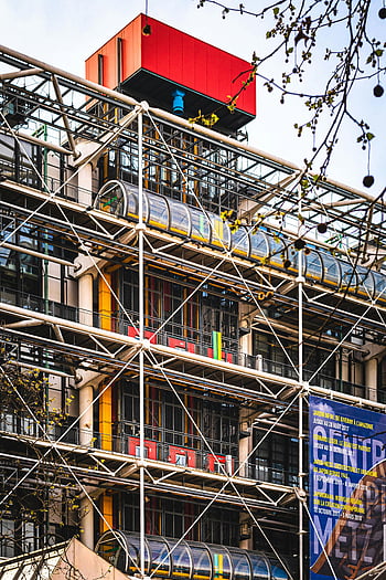 Centre Pompidou, Paris, France, modern architecture, exterior view, iconic building, yellow and black metal, cultural landmark, contemporary design, urban landmark, art museum