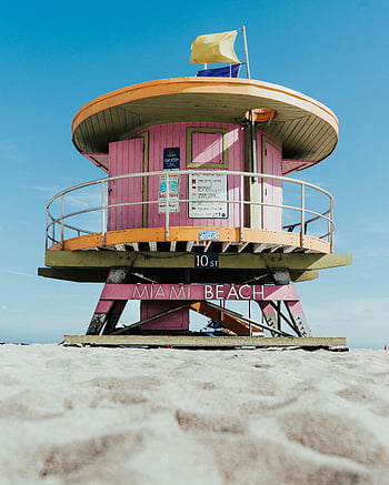 Růžová věž plavčíka, miami beach, slunečný den, plavčík věž, miami, usa, pláž, růžový, plavčík, věž, slunný