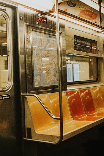 empty seats, train interior, vintage subway, orange seats, yellow seats, handrails, route map, subway train, interior design, public transportation, empty train
