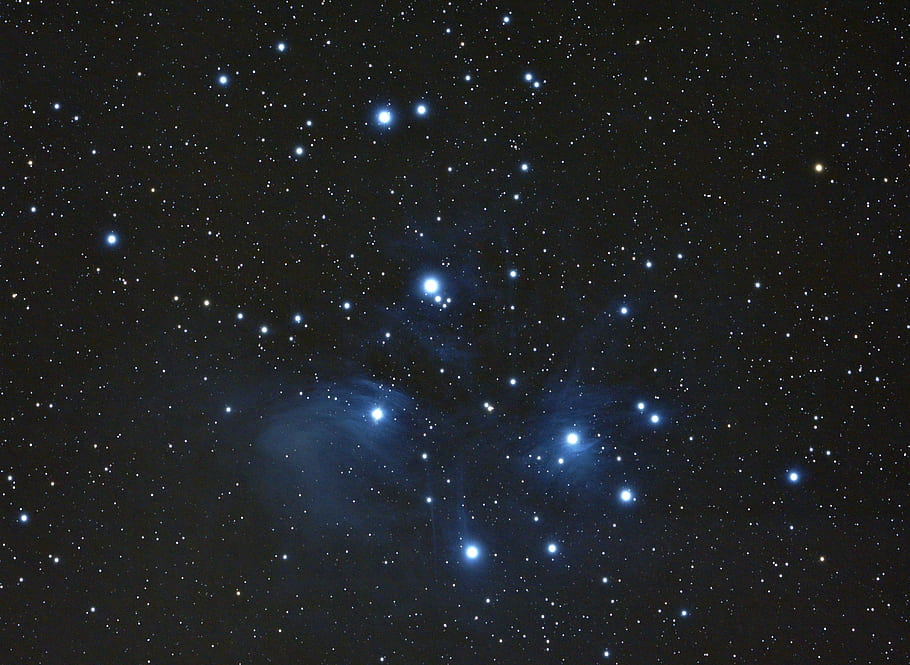 m45, pleiades, Skywatcher esprit, 100ed, Canon Eos 5d Mk2, Deepskystacker, Photoshop CS, astrofotografie, hvězd, mlhovina, noční obloha