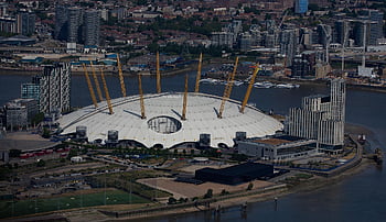 o2 arena, 02 ze vzduchu, pohled o2, greenwichská londýnská aréna, tisíciletí kupole, Londýn z nebe
