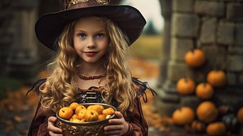 piccola ragazza, zucche, autunno, Halloween, bambino, strega, donna, vacanza, ragazzo, infanzia, sorridente