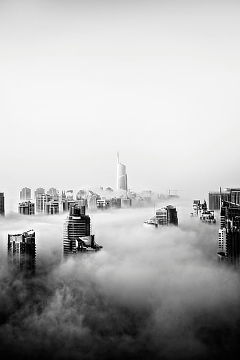 أفق دبي،  اسود و ابيض،  ناطحات السحاب الحديثة،  ضباب سيتي سكيب،  البانوراما الحضرية،  المباني الشاهقة،  عمارة المدينة،  عمارة دبي،  أفق ضبابي،  التصوير بالأبيض والأسود،  ناطحات السحاب في دبي
