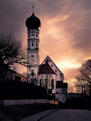 kostel, kostelní věž, soumrak, zvonice, víra, vesnice, mraky, silnice, chodník, ponurý, Příroda