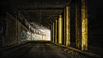 tunnel, road, curve, dark, grim, lost Places, pforphoto, abandoned Places, columns, path, graffiti