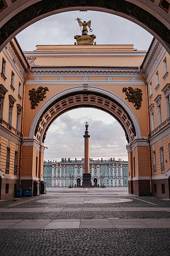 Alexander Column, Palace Square, St. Petersburg, Russia, archway, stunning view, historical monument, urban landscape, architectural beauty, cityscape, landmark