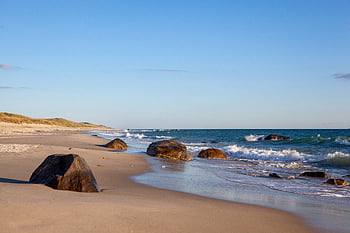 ocean, beach, landscape, boulders, rocky, sea, water, sun, nature, horizon, sky