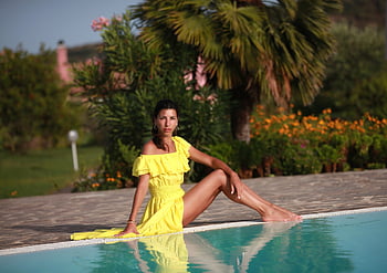 model, woman, girl, lady, modeling, posing, fashion, wardrobe, style, yellow Dress, swimming Pool
