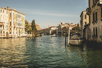 Venice, Grand Canal, historic architecture, charming bridge, white boat, river, white and brown building, canal view, Italian city, European travel, waterway scene