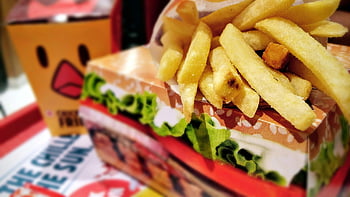 fries, burger box, crispy french fries, fast food tray, vibrant packaging, fast food, burger, lettuce, meal, snack, takeaway