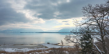 chiemsee, mountains, winter, snow, lake, riverbank, trees, clouds, heaven, nature, upper Bavaria
