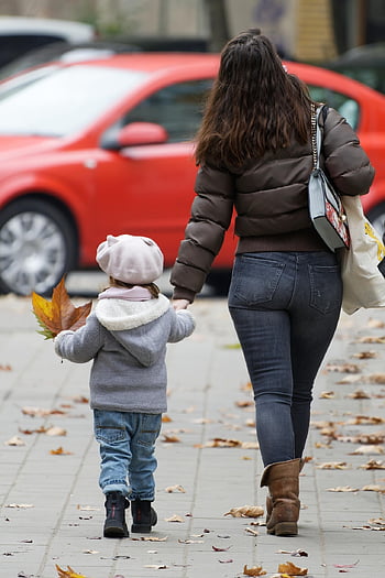 woman, mother, child, little Girl, walking, together, alley, pavement, autumn, love