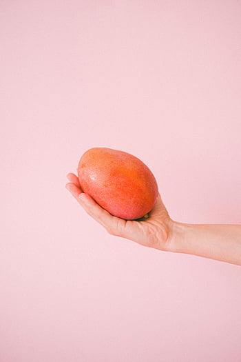 Mango maturo, mano che tiene mango, Sfondo rosa pastello, dolce mango, fotografia di frutta, frutto di mango, fotografia di cibo, frutta tropicale, dimostrazione di mango, sfondo rosa, mango in mano