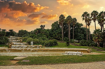 waterfall, sunset, barcelona, garden, montjuic, spain, landscape