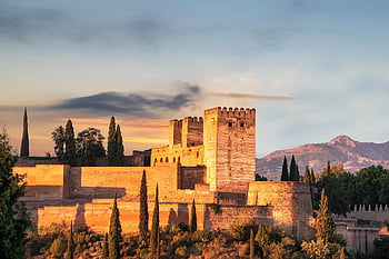 západ slunce, alhambra, granada, hrad, slunce, Příroda, budova, stromy, krajina