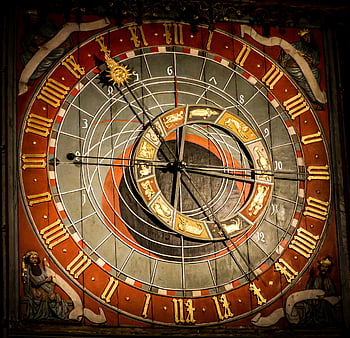 zegar astronomiczny, symbole zodiaku, Katedra w Lund, Szwecja, szczegółowy widok, zegar analogowy, brązowy i czerwony, historyczny zegar, Ozdobny design, zegar średniowieczny, sztuka religijna