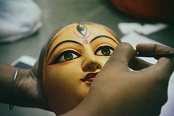 Maschera durga idolo, Maschera Durga tradizionale, Durga Puja Festival, pittura artigianale, maschera artigianale, arte culturale, Festival religioso, arte indiana, Maschera, artigianato tradizionale, decorazione del festival